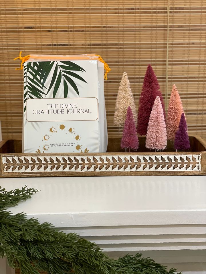 The Divine Gratitude Journal on a shop shelf beside pink bottlebrush trees.